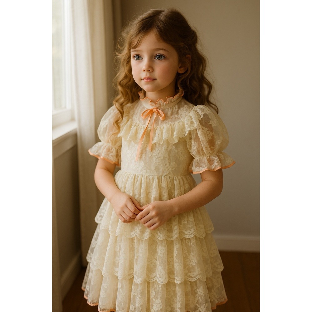 Vtg Edwardian Dress Girls 7 Lace Ruffle Tiered Victorian Cottagecore Prairie